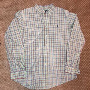 Ralph Lauren Custom Fit Button Up Shirt Spring Green Plaid Men's Size L Summery